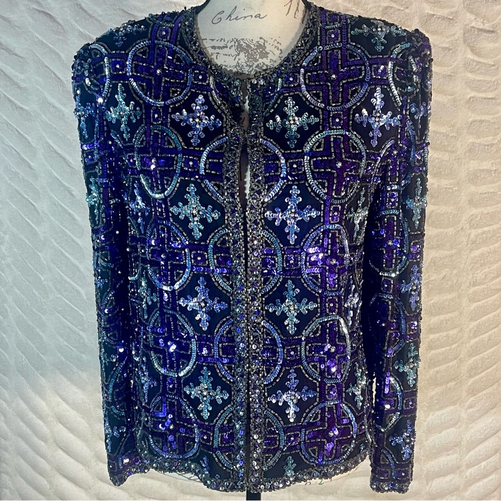SCALA Vtg 90’s Formal Geometric Celtic Cross Sequin Beaded Silk Jacket Sz M